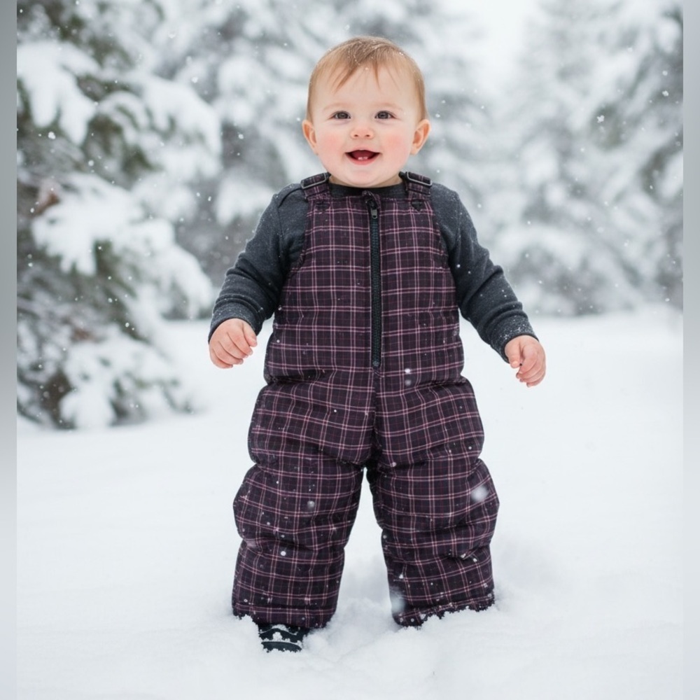 CIRCO kids bib ski suit, size 18 M, brown, pink and red plaid, in good condition
